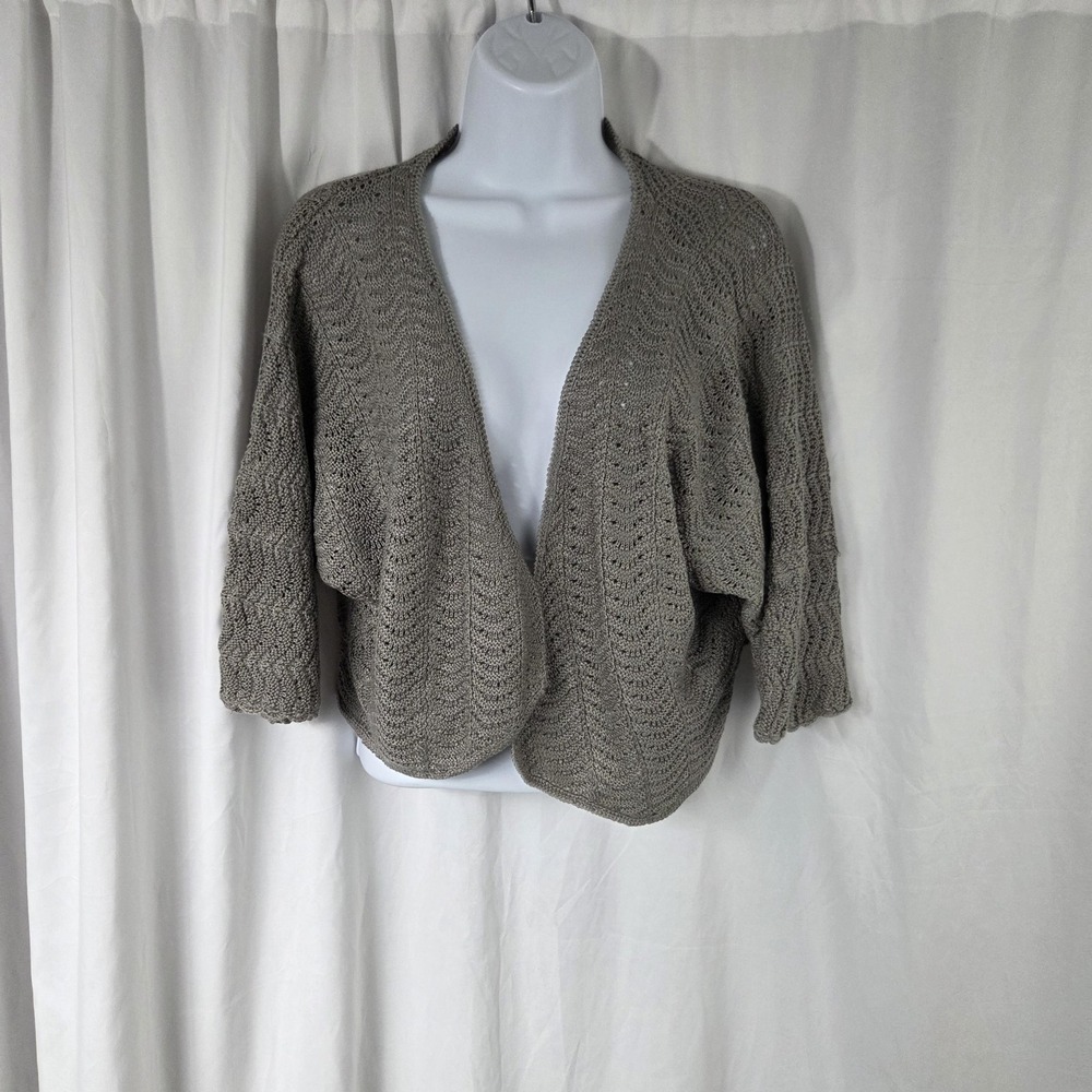 Maglia Cardigan Sweater Womens XL Gray Open Knit Shrug 3/4 Dolman Sleeve